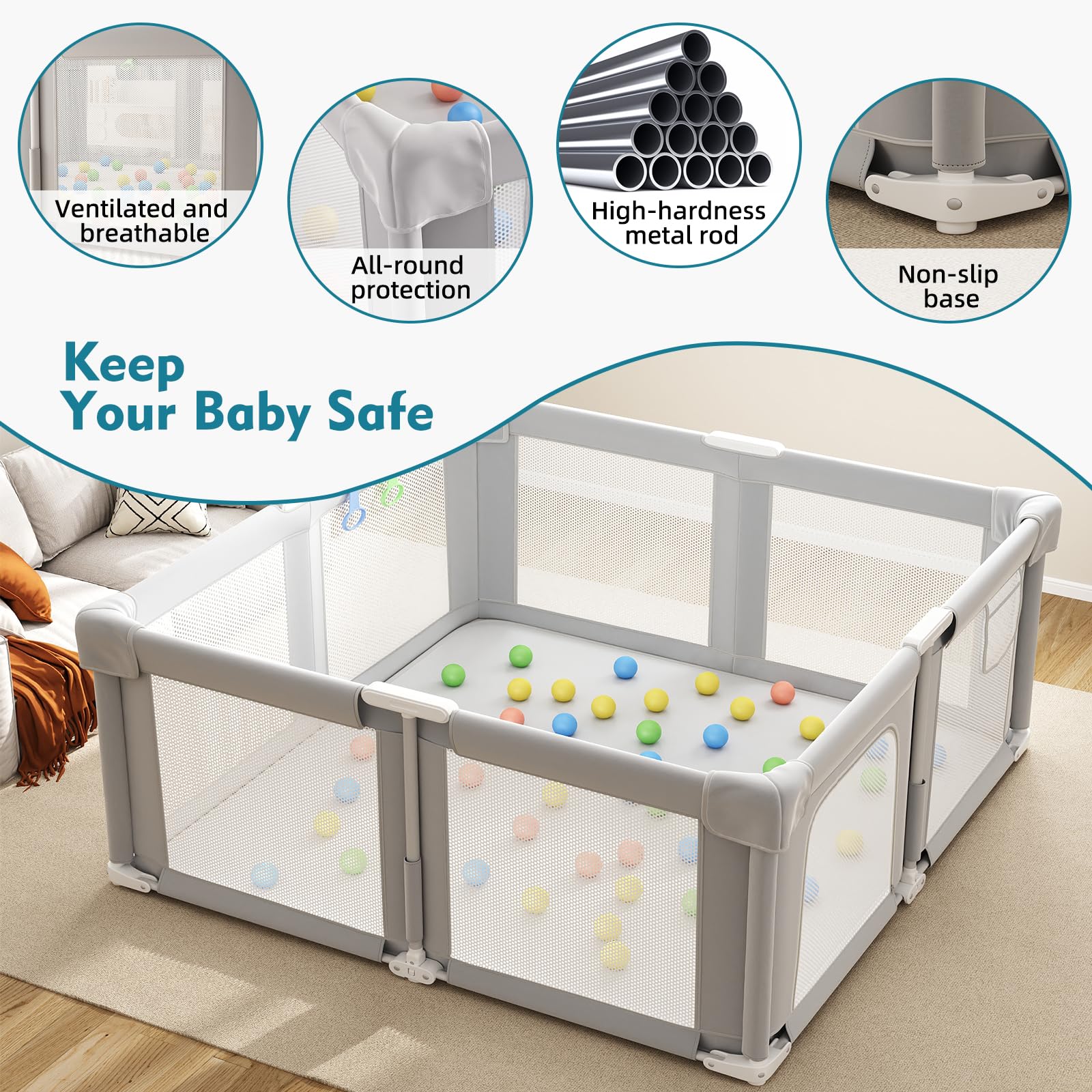 Seeday ocean balls set provides tactile, sensory play inside the enclosure
