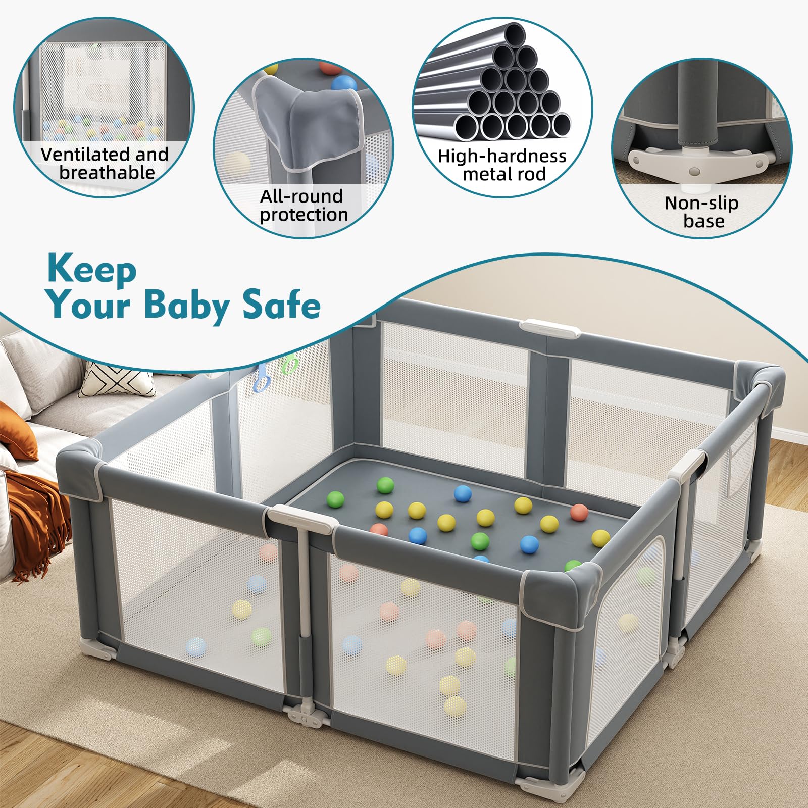 Seeday playpen shows slip-resistant base staying steady on hard floors.