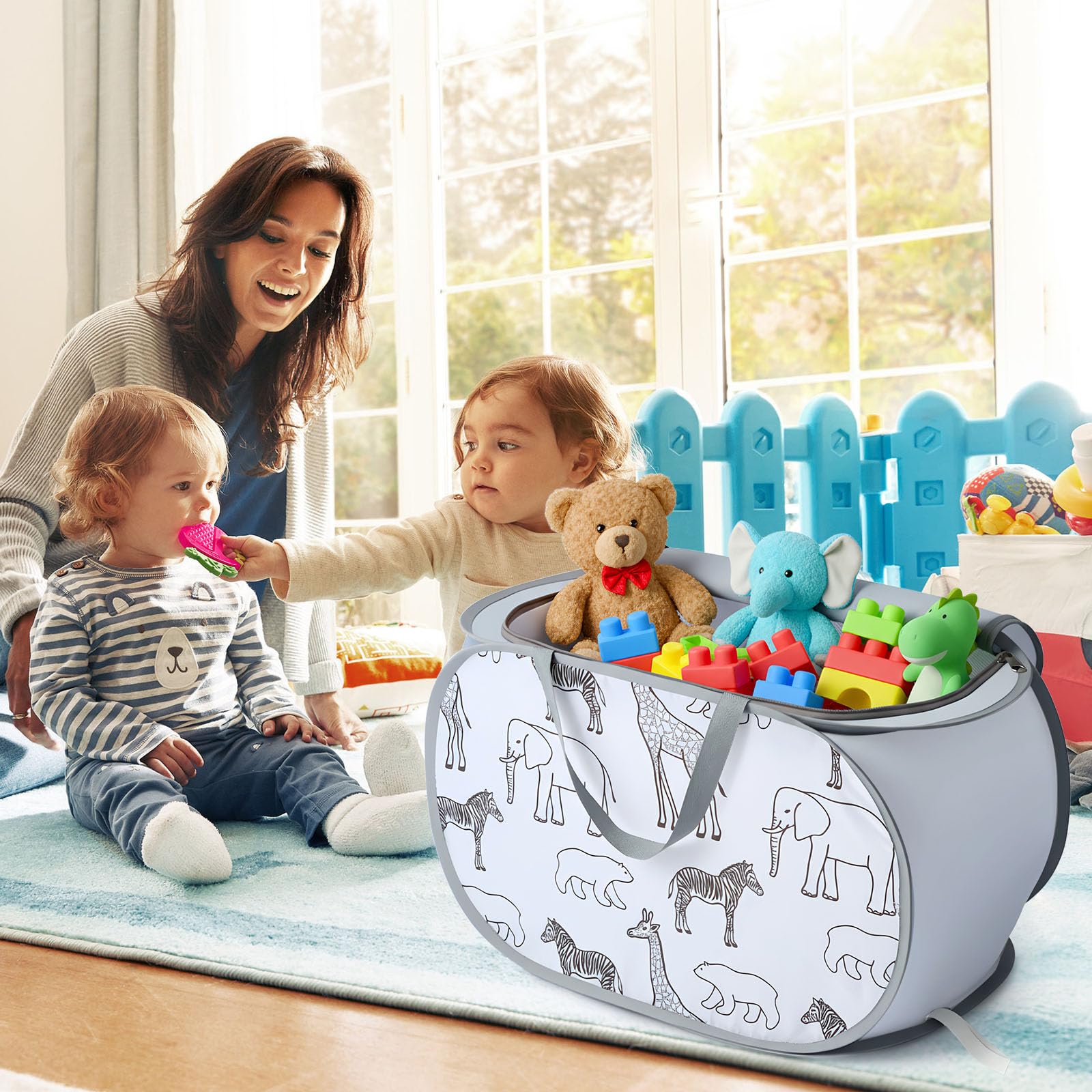 Seefoo animal-print gray basket front view for tidy nursery and playroom storage.
