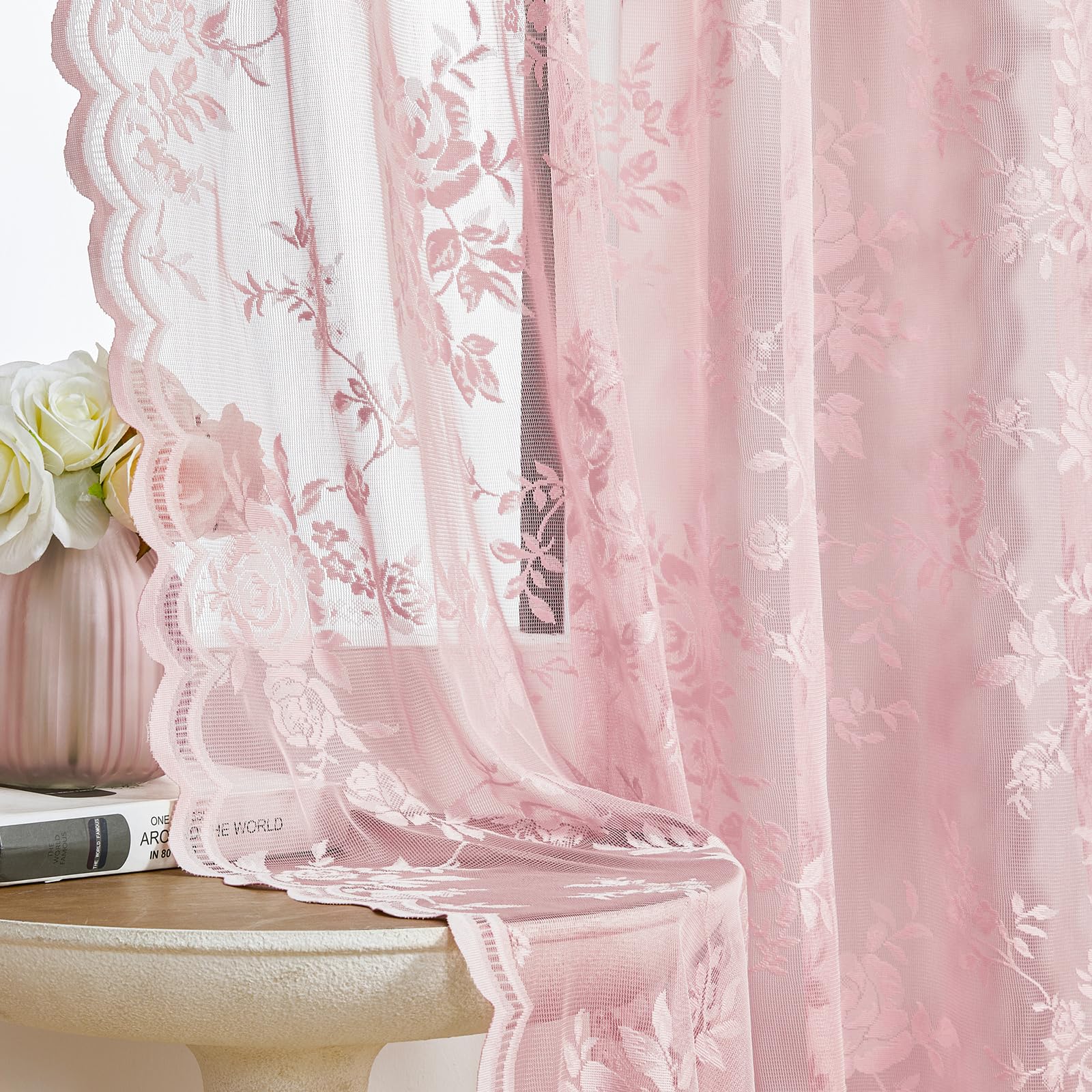 SEEKRIGHT Baby Pink Lace Curtains 52x45 panel set filtering light with privacy in a cozy room