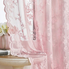 SEEKRIGHT Baby Pink Lace Curtains 52x45 panel set filtering light with privacy in a cozy room