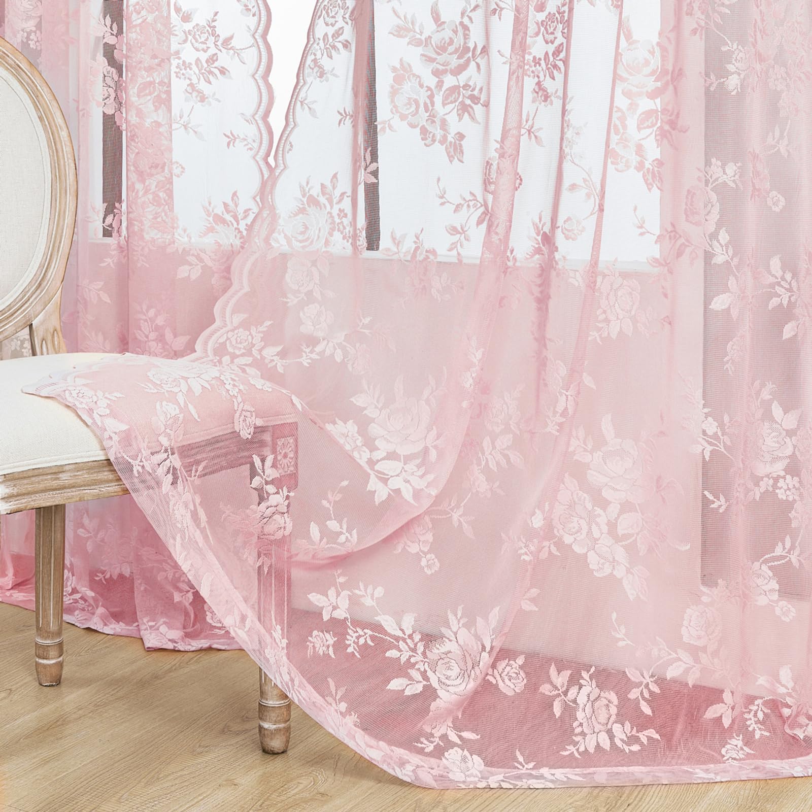 Kids room featuring SEEKRIGHT pink lace curtains for playful, cozy ambiance