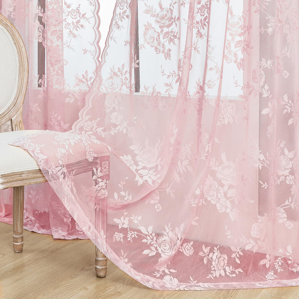 Kids room featuring SEEKRIGHT pink lace curtains for playful, cozy ambiance