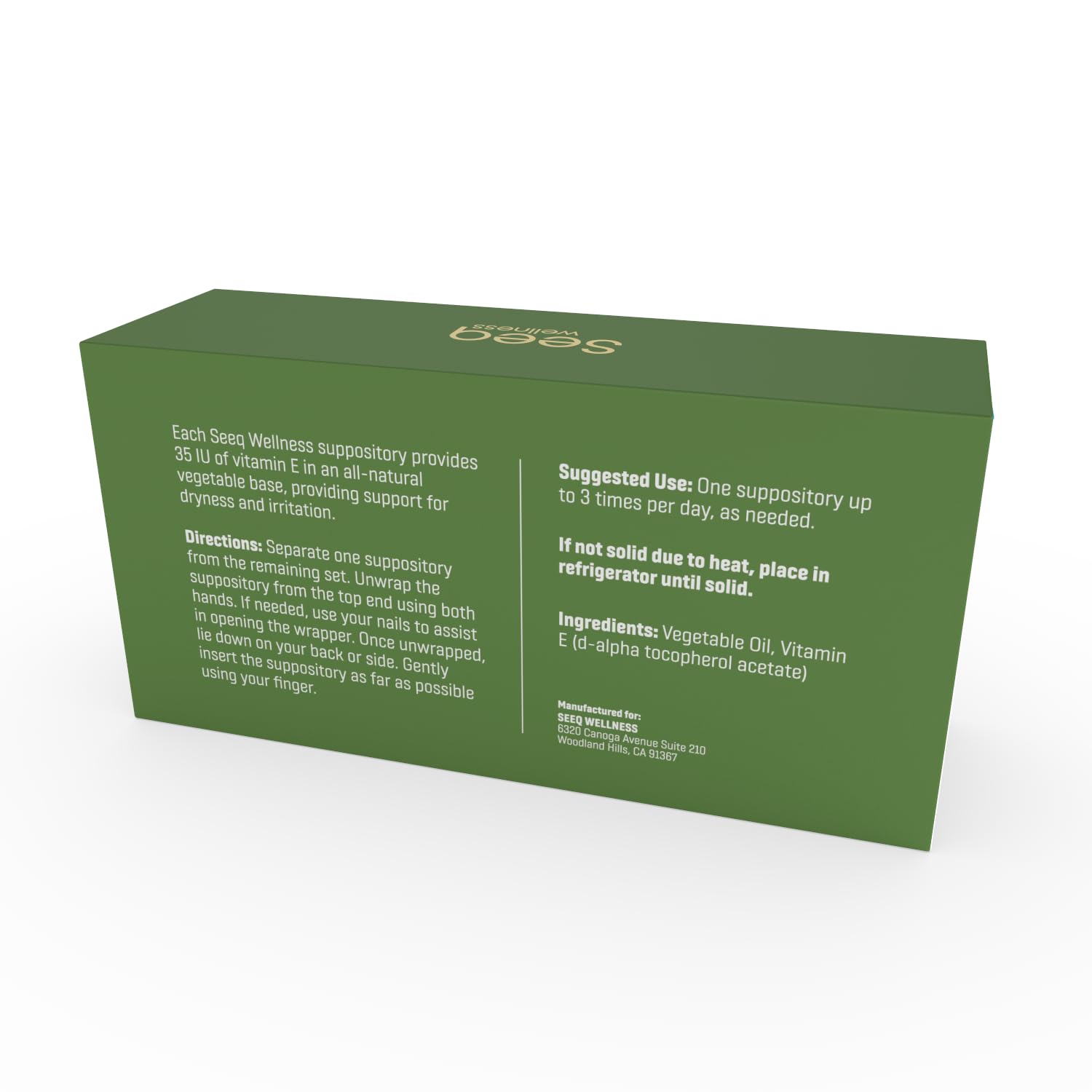 Seeq Wellness vitamin e suppositories box front communicates 24 count.