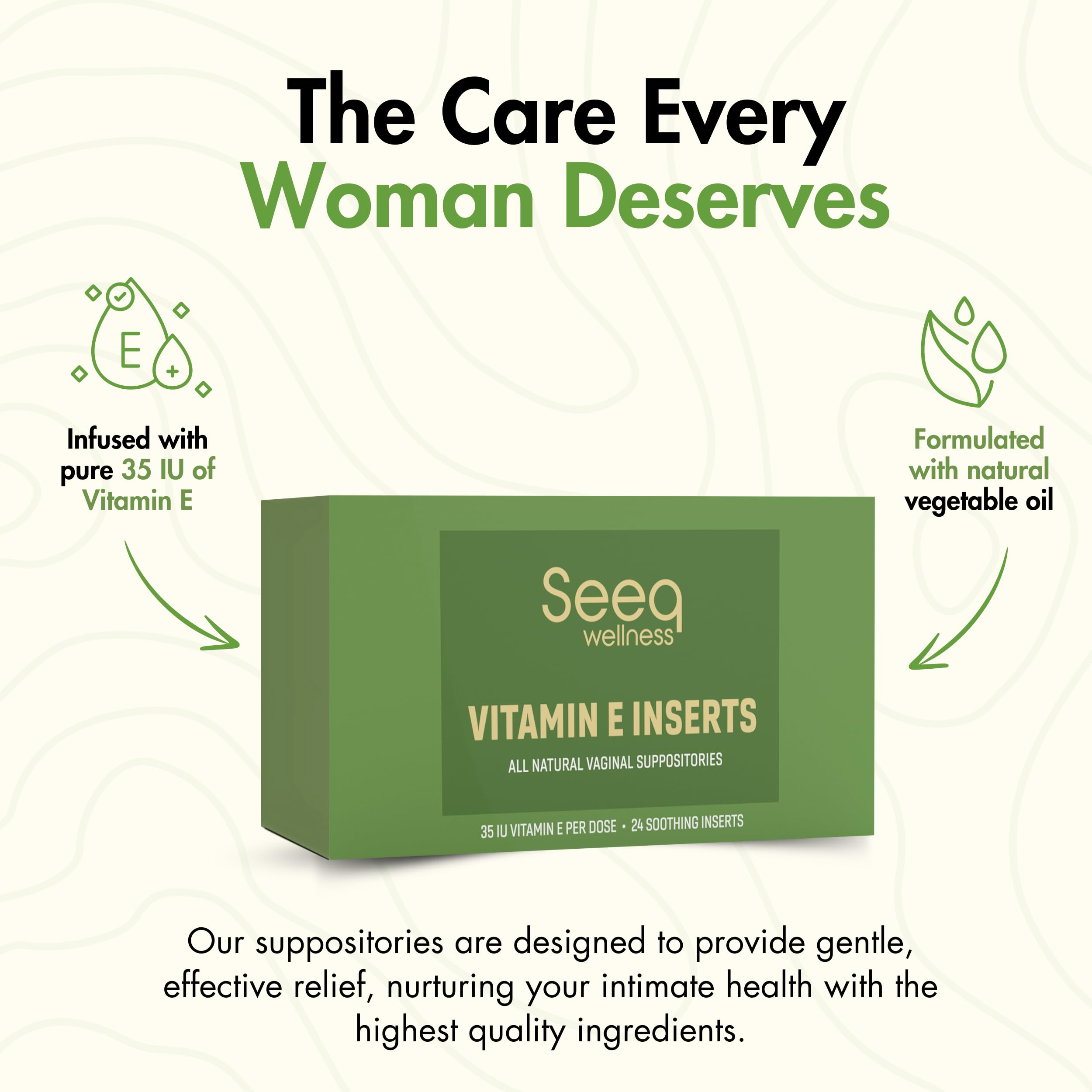 Seeq Wellness Vitamin E suppositories closeup shows smooth texture for insertion.