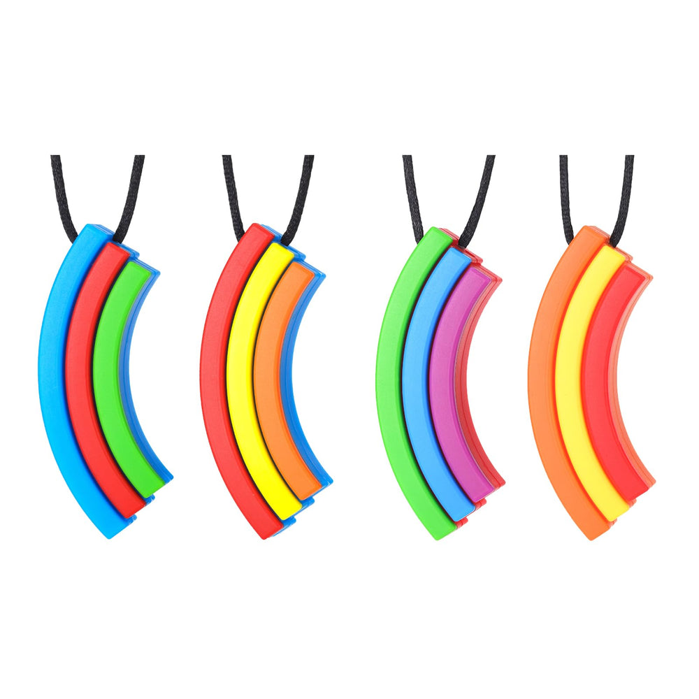 Seeway RainbowBridge chew necklace closeup, colorful silicone for sensory use.
