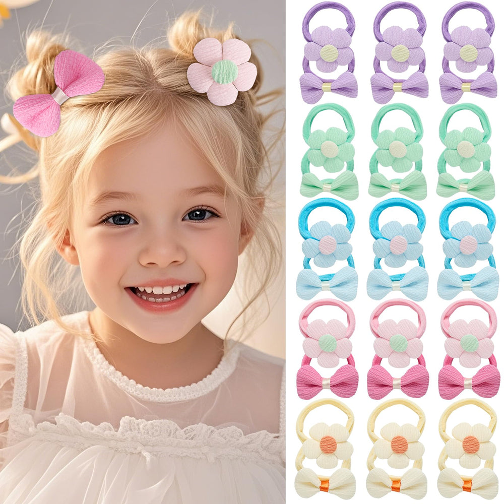 Seiolieliou 30P toddler hair ties with pink bow—soft cotton, gentle daily styling