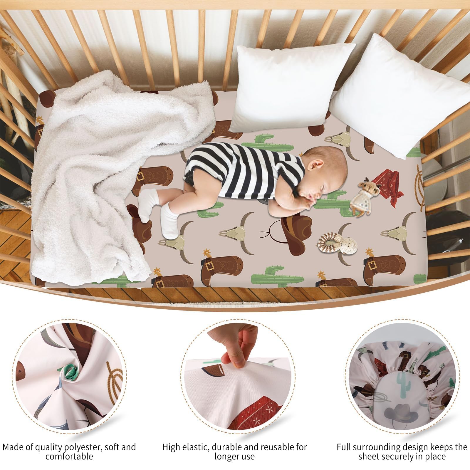 Sel Natural western crib sheets pattern 3 features classic colors to match any nursery.