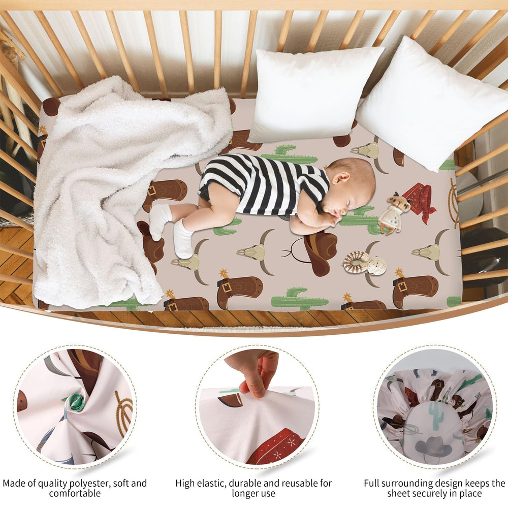Sel Natural western crib sheets pattern 3 features classic colors to match any nursery.