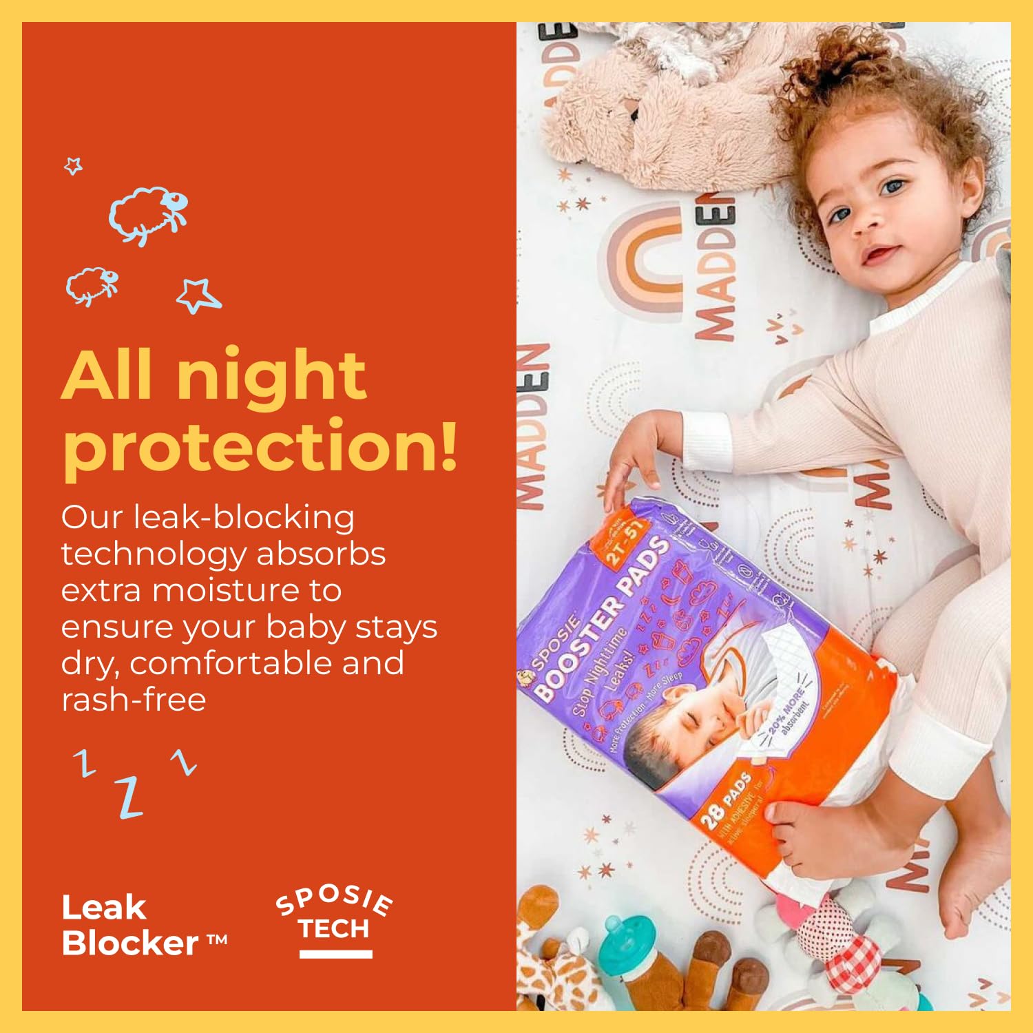 Select Kids Sposie booster pads in use inside a diaper for extended absorbency overnight