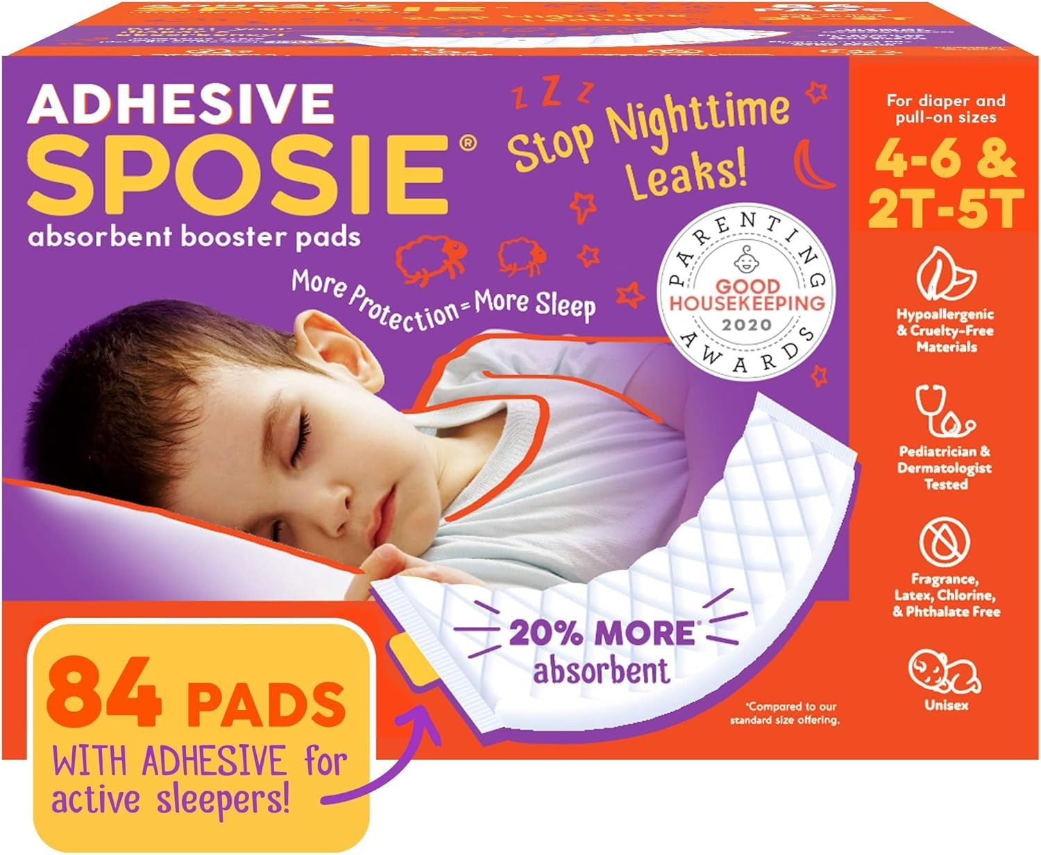 Select Kids Sposie overnight booster pad shown with secure adhesive for nighttime leak protection.