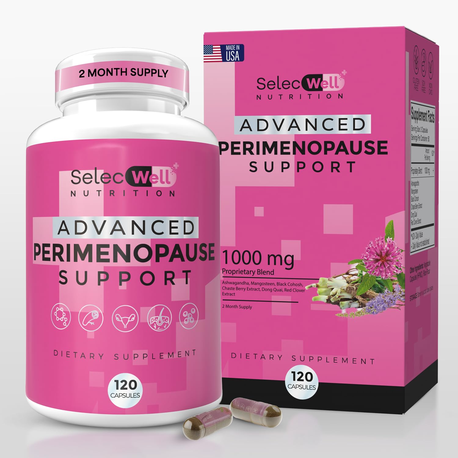 SelecWell Perimenopause bottle front displays capsules for symptom support.