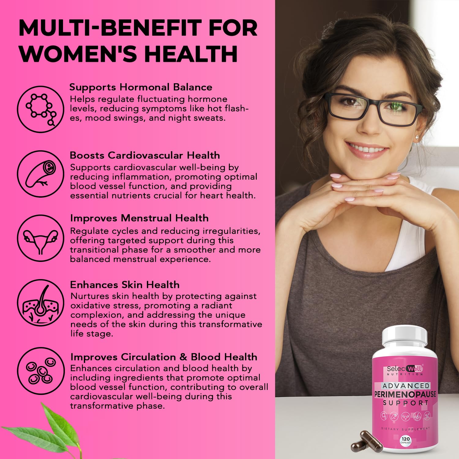 SelecWell Perimenopause bottle side view shows convenient daily capsules for ongoing support.