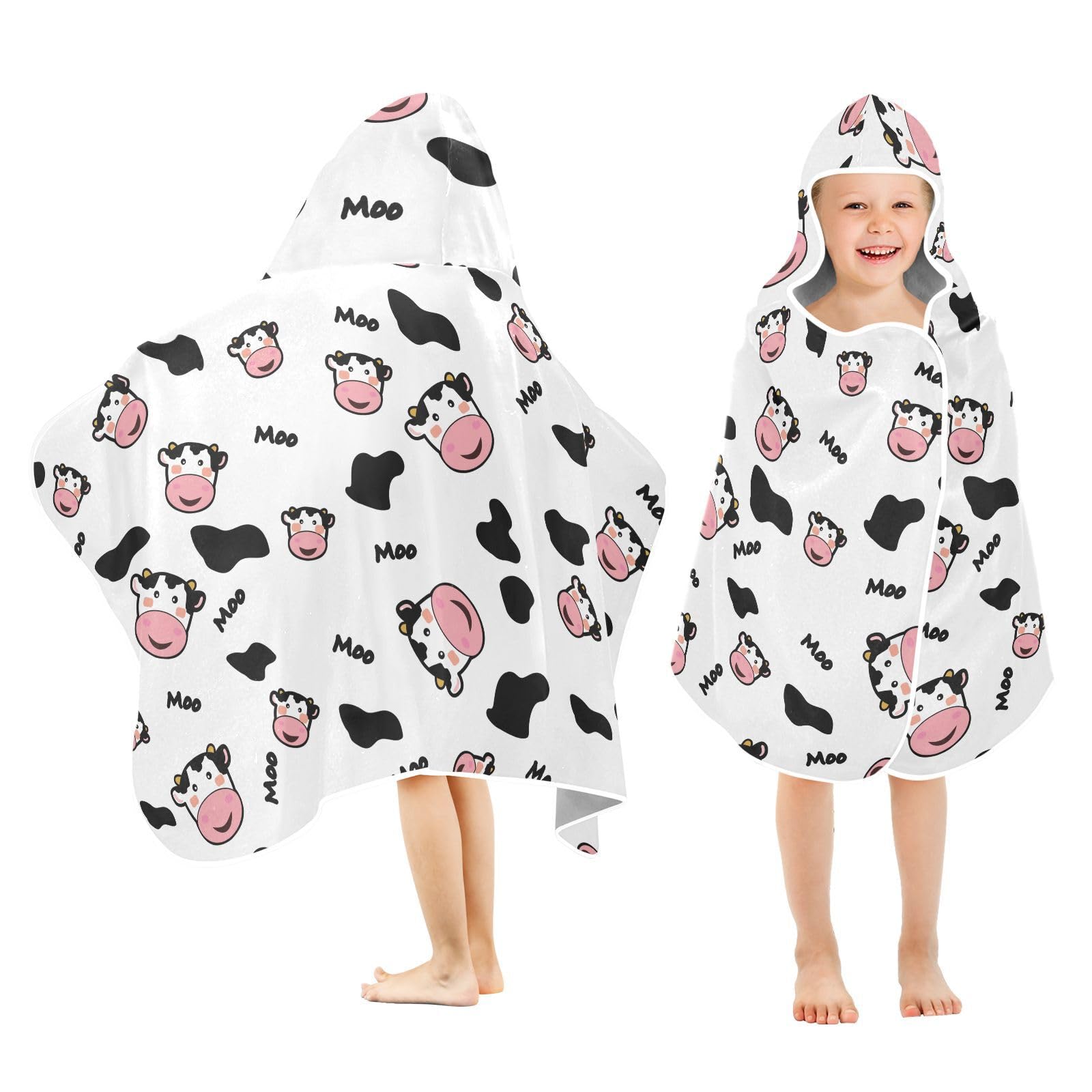 Selerdon Kids cow print hooded towel for bath and beach time, quick-drying.