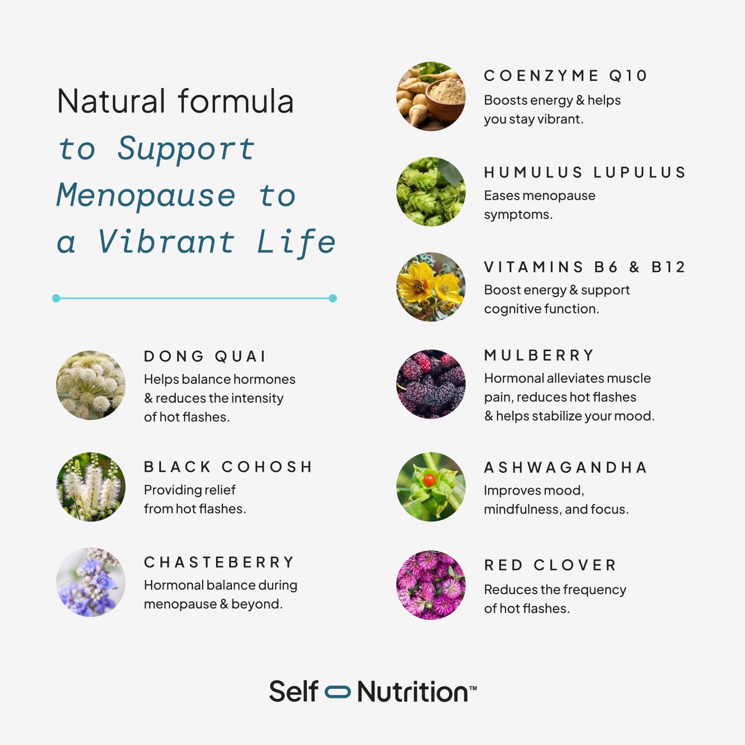 SELF NUTRITION Menopause Support capsules close-up showing vegan, hormone-free formula.