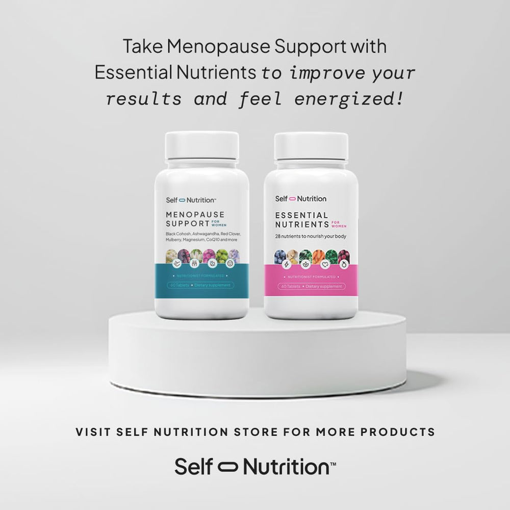 SELF NUTRITION Menopause Support capsules shown with easy twice-daily dosing.