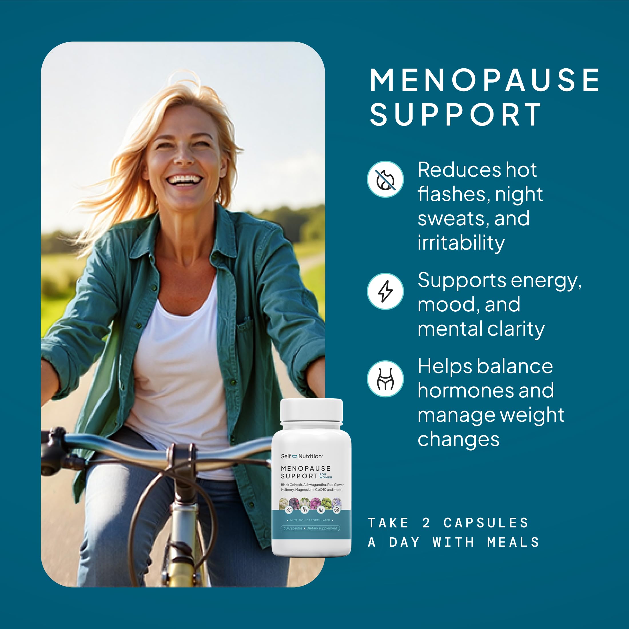 SELF NUTRITION Menopause Support ingredient blend highlights chasteberry and red clover.