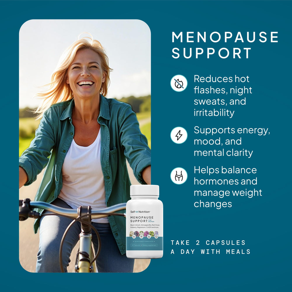 SELF NUTRITION Menopause Support ingredient blend highlights chasteberry and red clover.