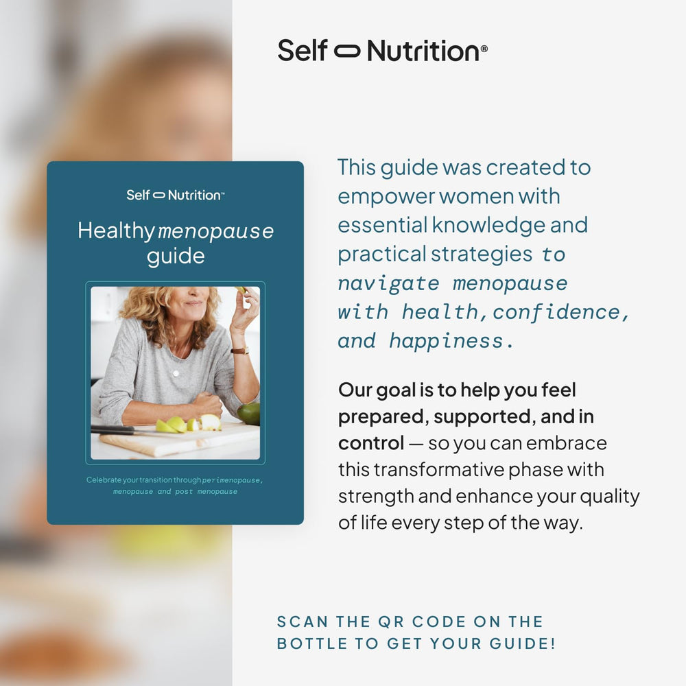 SELF NUTRITION Menopause Support label with gluten-free and keto-friendly icons.