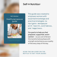 SELF NUTRITION Menopause Support label with gluten-free and keto-friendly icons.