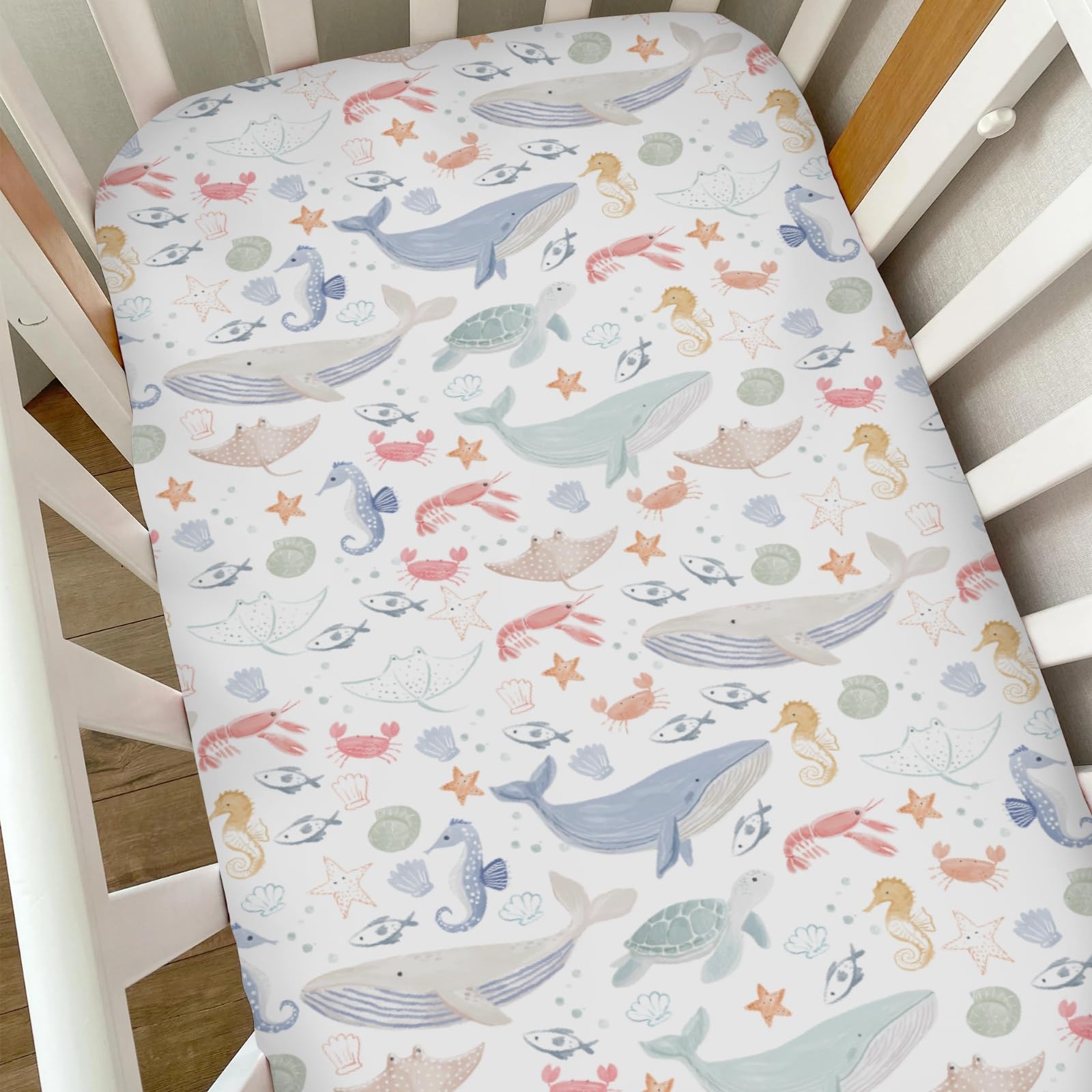 Selgkds Boho Ocean Animals Fish Crib Sheet for vibrant nurseries.