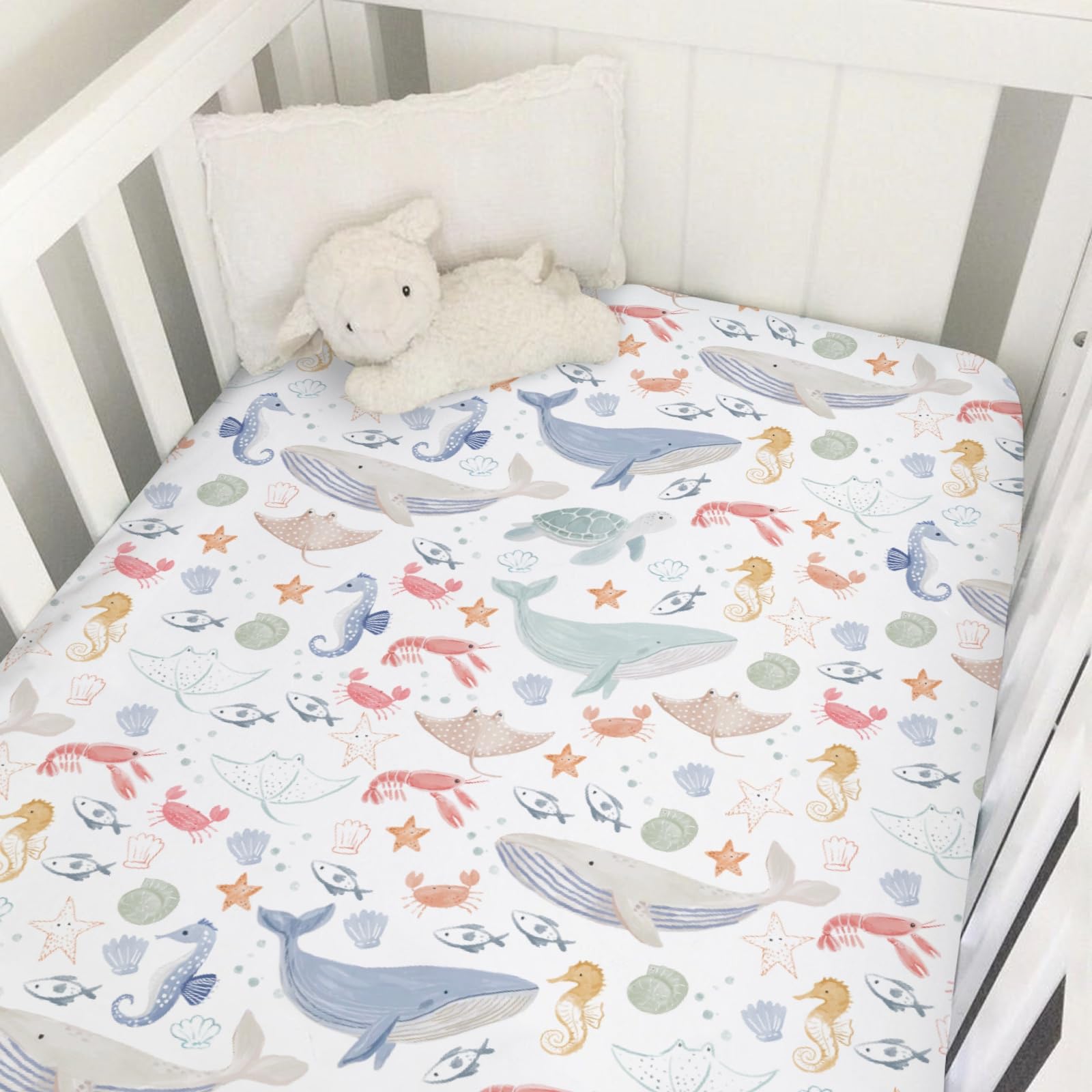 Selgkds Boho Ocean Animals Sea Horse Crib Sheet keeps baby comfy.