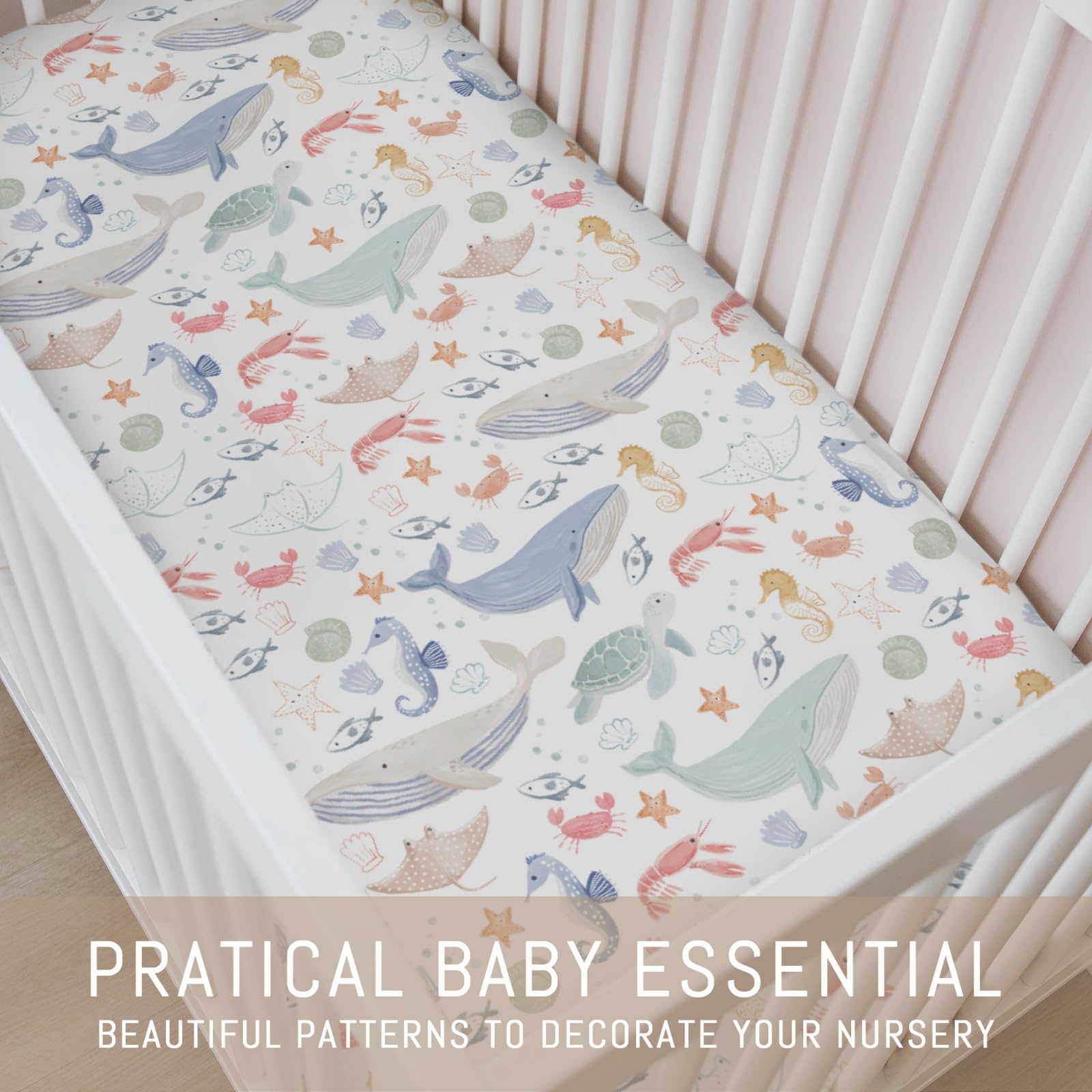 Selgkds Boho Ocean Animals Shells Crib Sheet adds ocean charm.