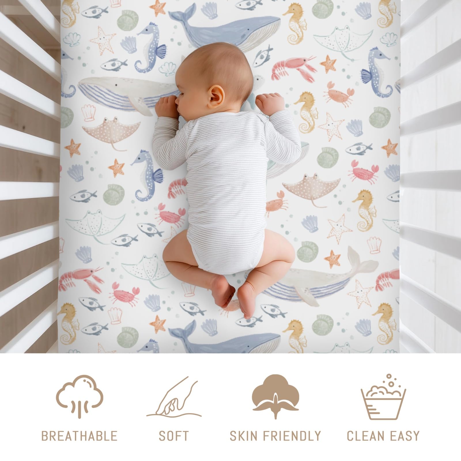 Selgkds Boho Ocean Animals Turtle Crib Sheet provides soft sleep surface.
