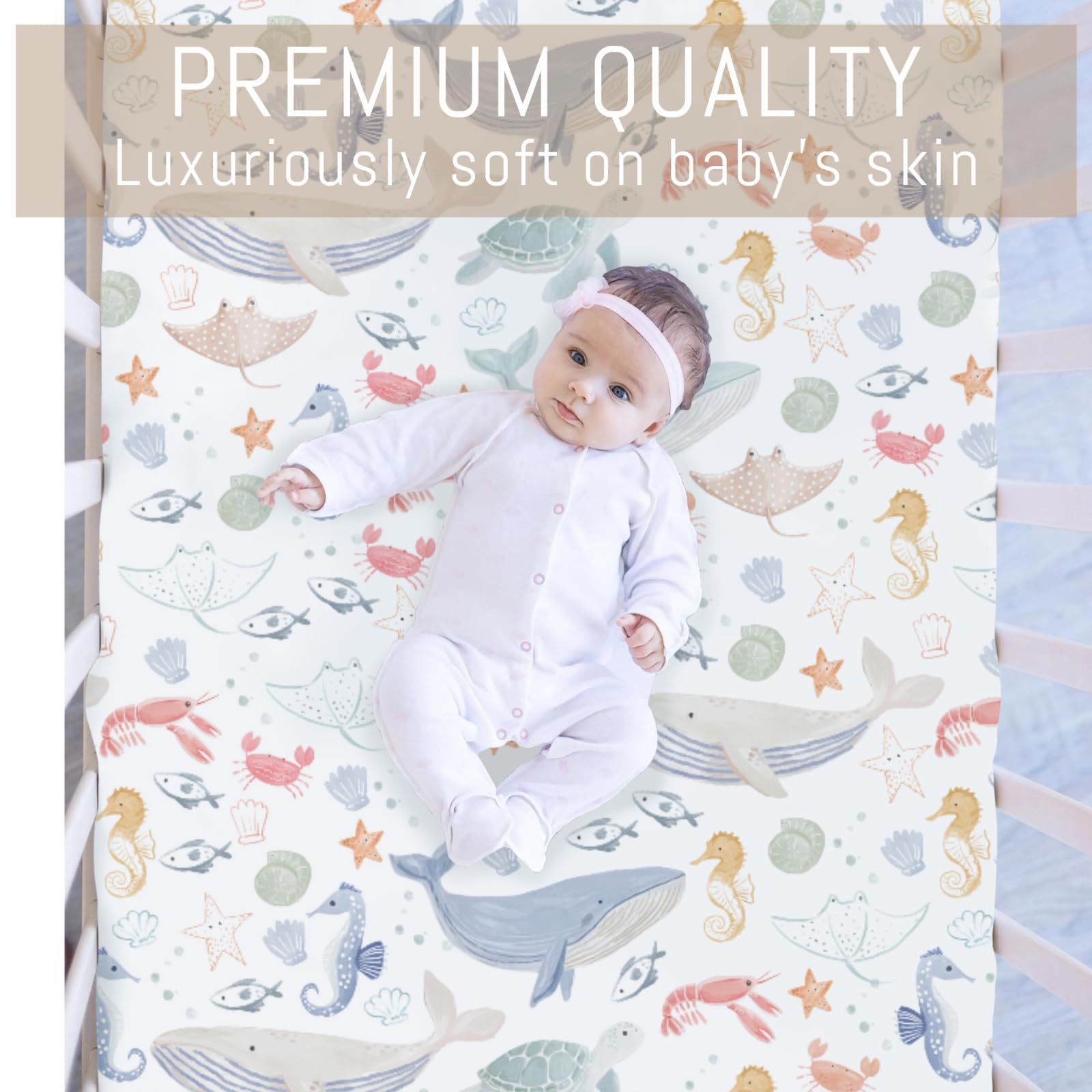 Selgkds Boho Ocean Animals Whale Crib Sheet keeps baby cozy.