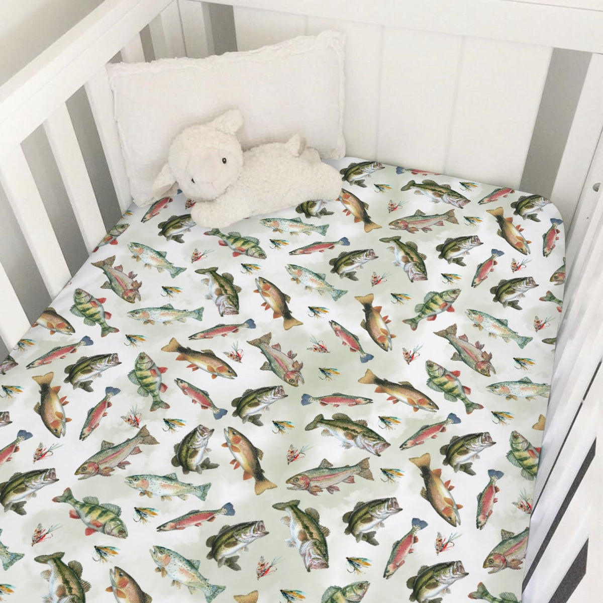 Selgkds neutral fishing crib sheets with bass pattern for a cozy nursery
