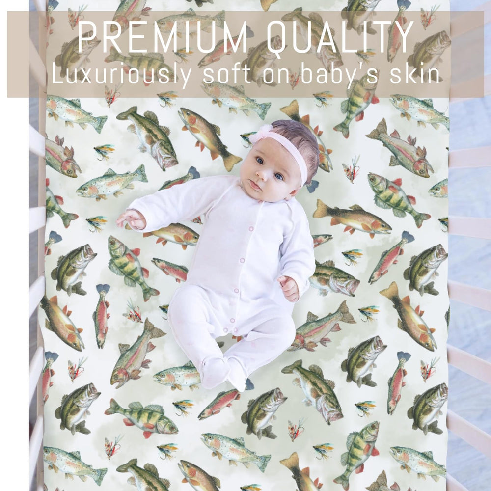 Selgkds trout print crib sheet enhances a playful, gender-neutral nursery