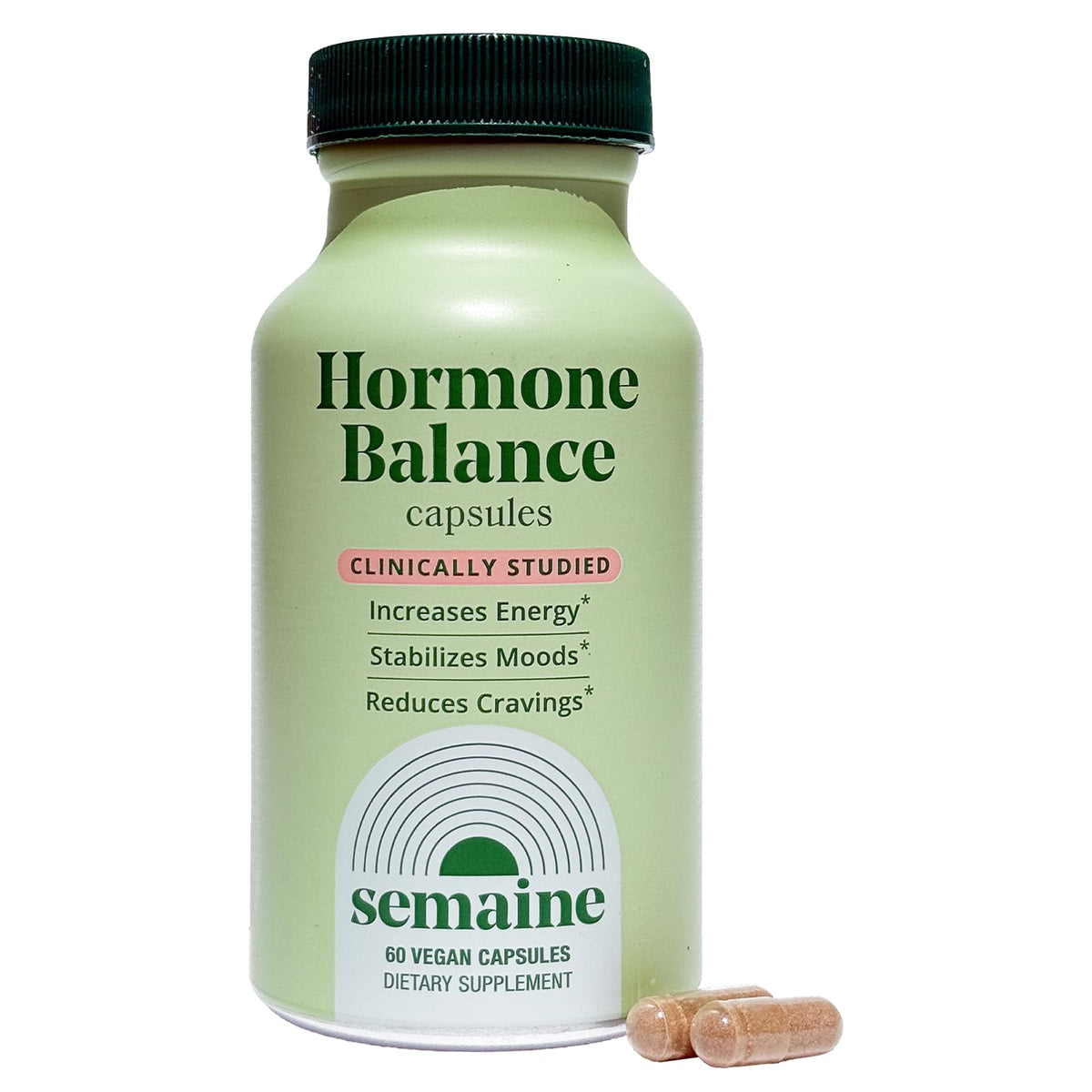 Semaine Hormone Balance bottle front showing vegan capsules for energy and mood support