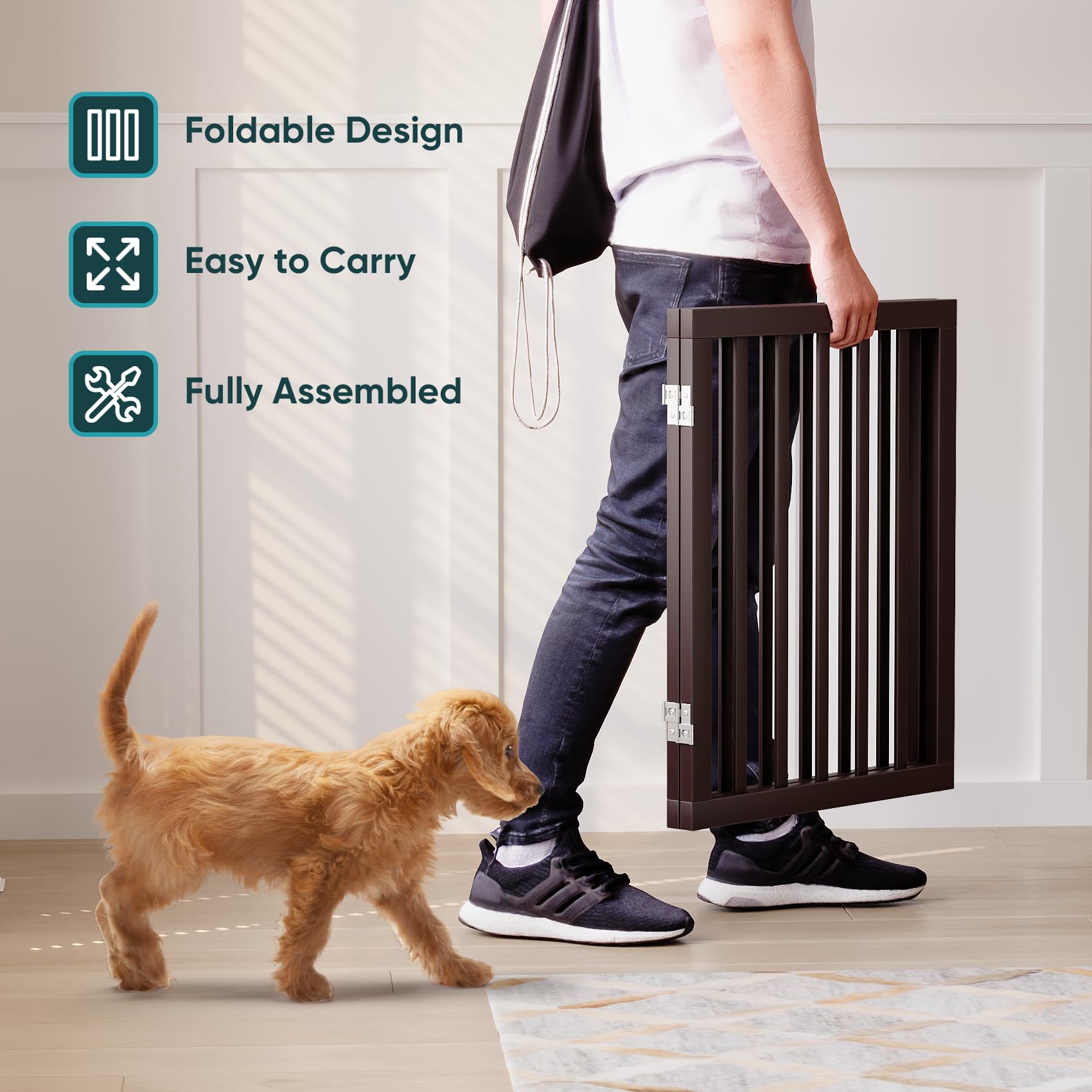 Semiocthome bamboo gate espresso, freestanding design for flexible placement without mounting.