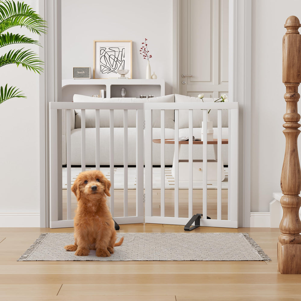 Semiocthome bamboo dog gate fully assembled in white for doorways and stairs.