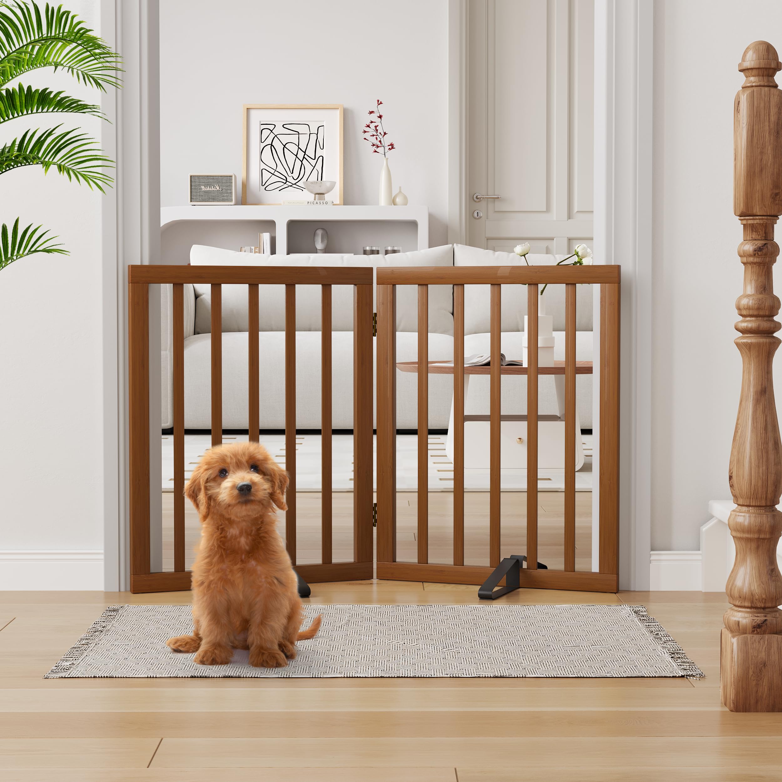 Semiocthome dog gate wood assembly shows freestanding setup for easy placement.