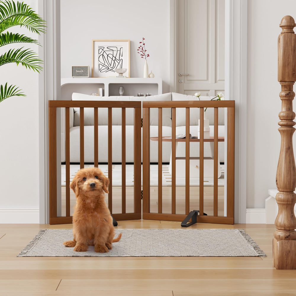 Semiocthome dog gate wood assembly shows freestanding setup for easy placement.