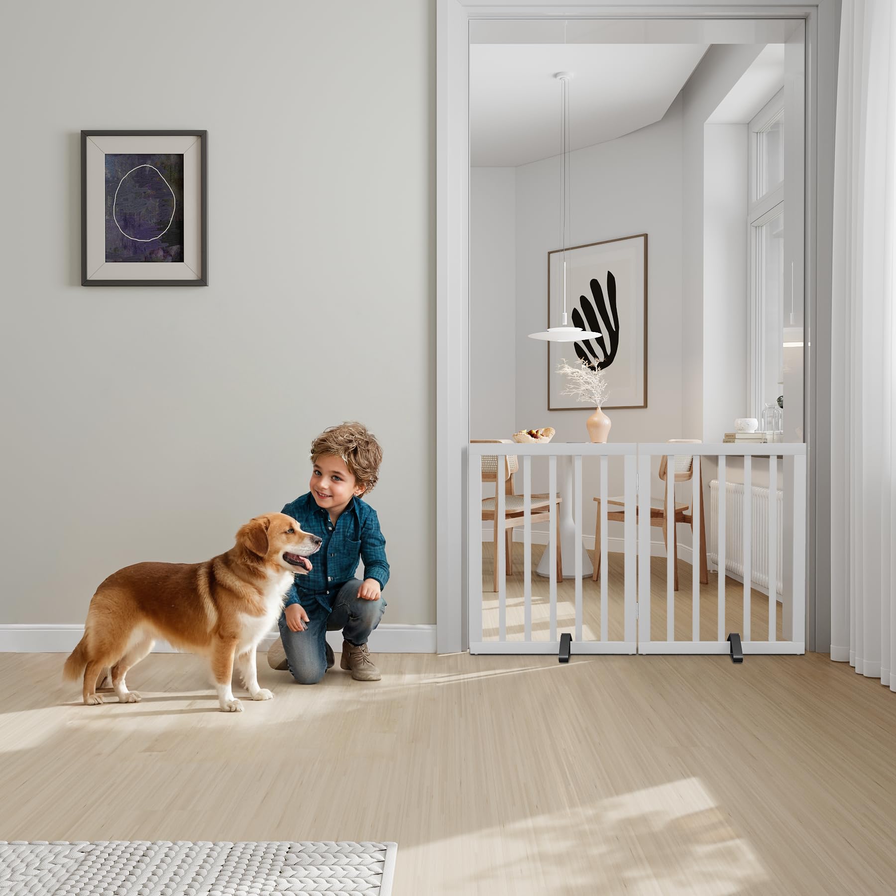 Semiocthome dog gate keeps pets contained in hallways and entryways.