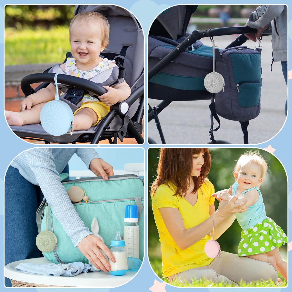 Senbowe silicone case holding pacifier while attached to a stroller clip.