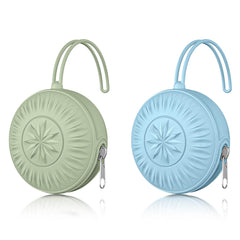 Senbowe silicone pacifier holder case 2-pack attached to a stroller for easy access.