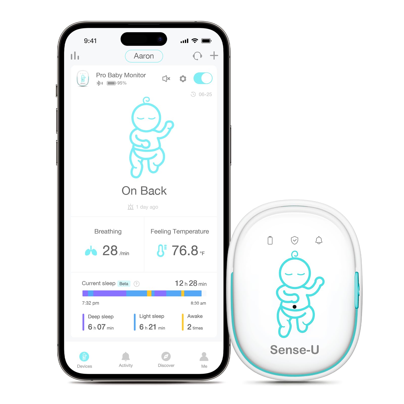 Sense-U Pro baby breathing monitor clip-on for quick one-handed diaper attachment.