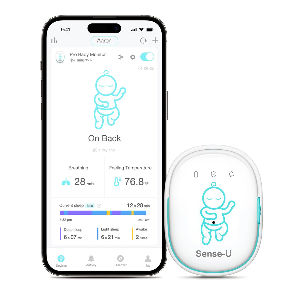 Sense-U Pro baby breathing monitor clip-on for quick one-handed diaper attachment.