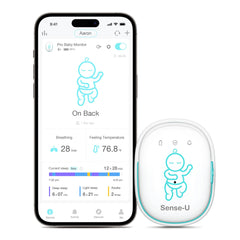 Sense-U Pro baby breathing monitor clip-on for quick one-handed diaper attachment.