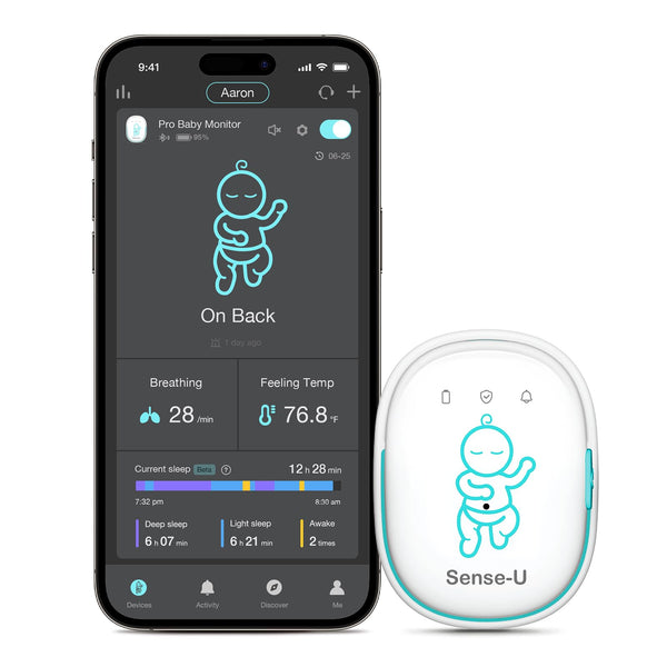 Sense-U Pro baby monitor clipped to diaper for early sleep insights