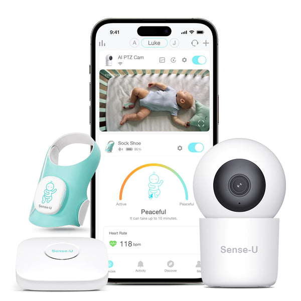 Sense-U smart baby sock on baby's foot shows sleep and movement tracking.