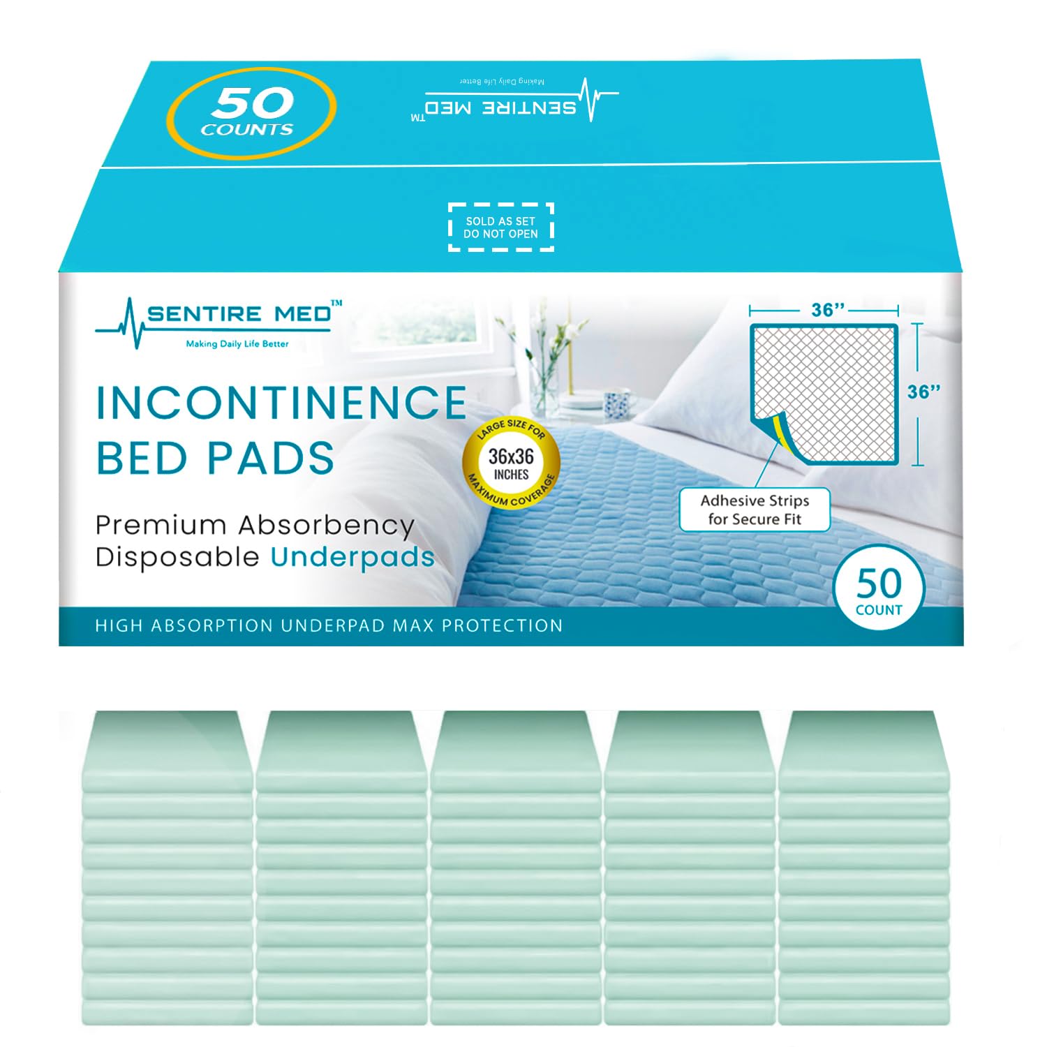 Sentire Med 125g bed pad with adhesive strips for secure placement and peace of mind.