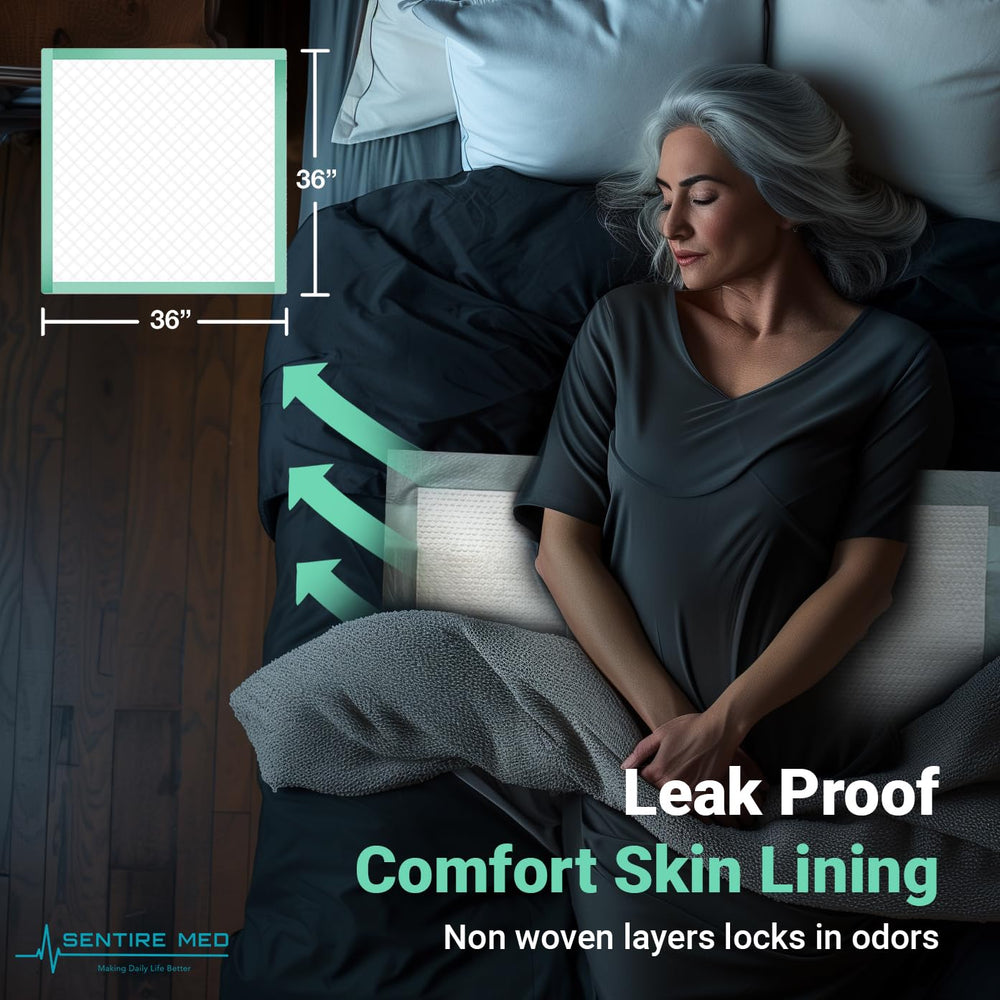 Sentire Med leak-proof bed pad keeps surfaces dry during nightly use.