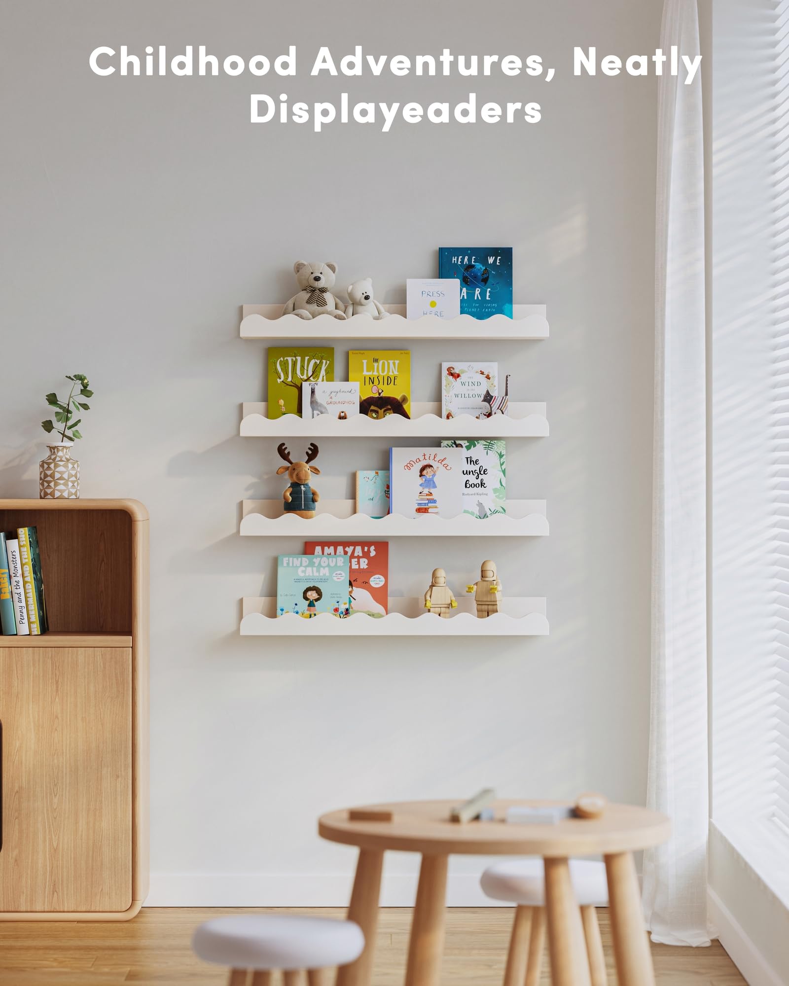Seocry display-ready kids bookshelf set keeps books and frames organized.