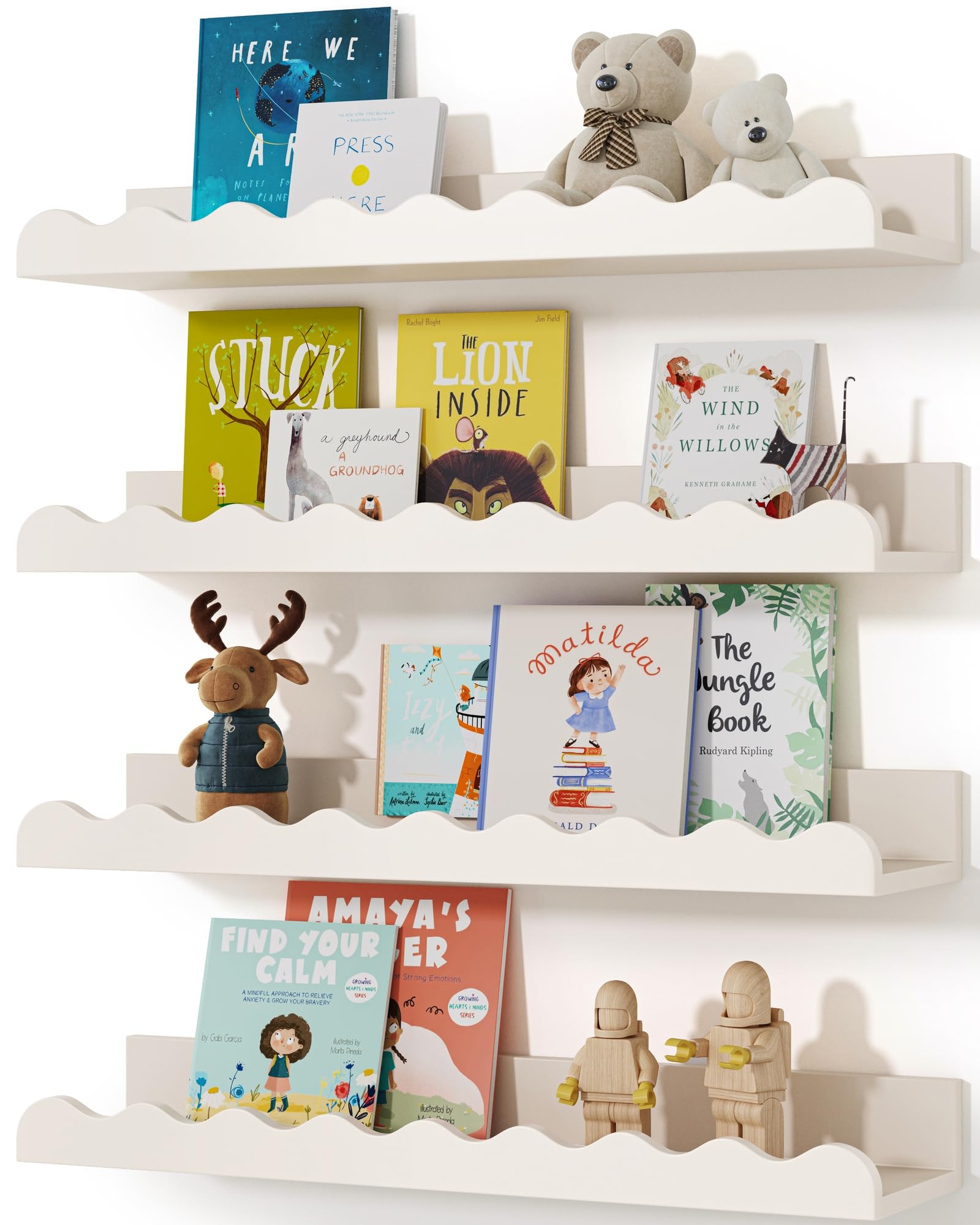 Seocry Kids' Bookshelf Set 4 white, wall-mounted, space-saving storage for books and toys.