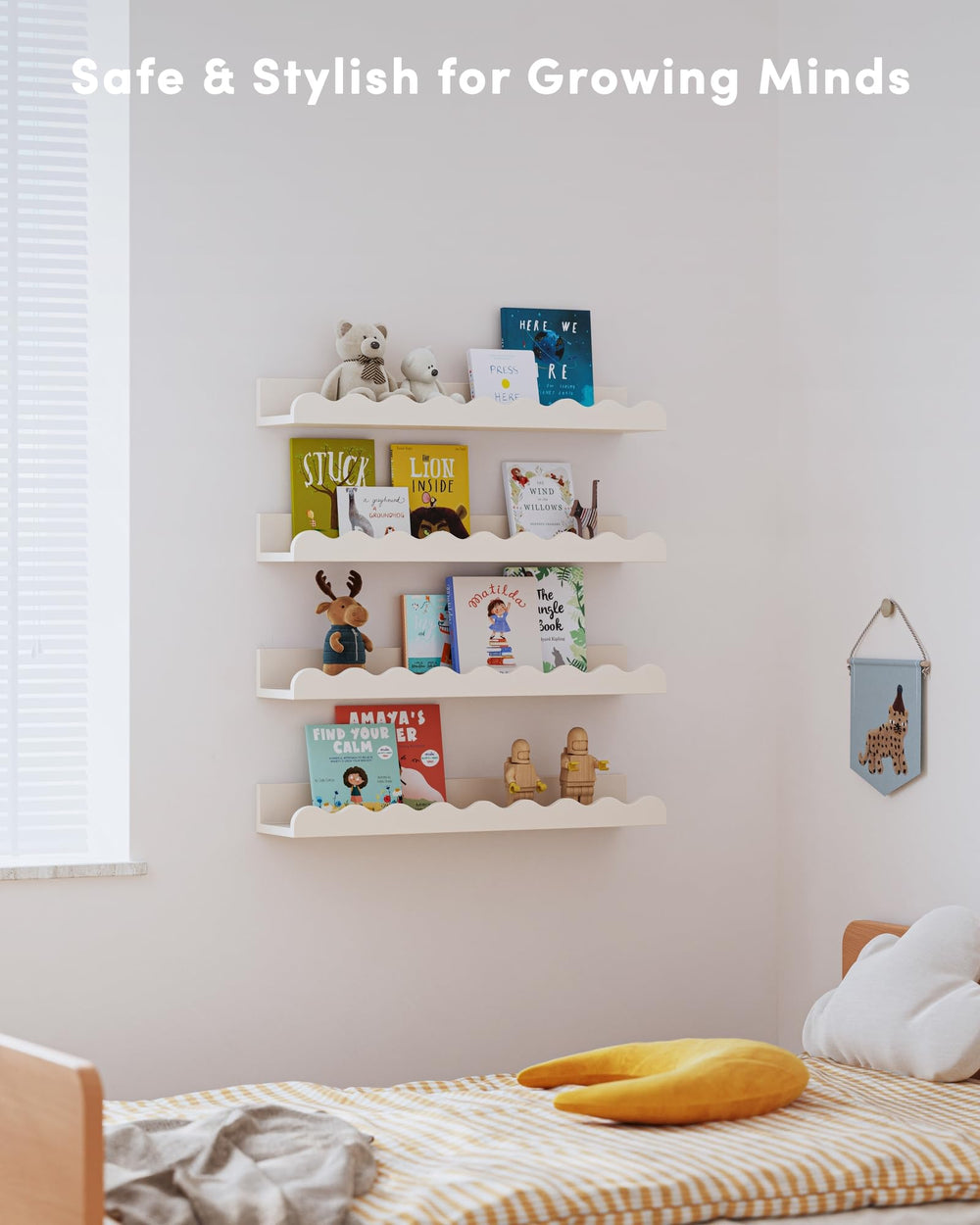 Seocry wall-mounted nursery shelves display books and photos while keeping floors clear.
