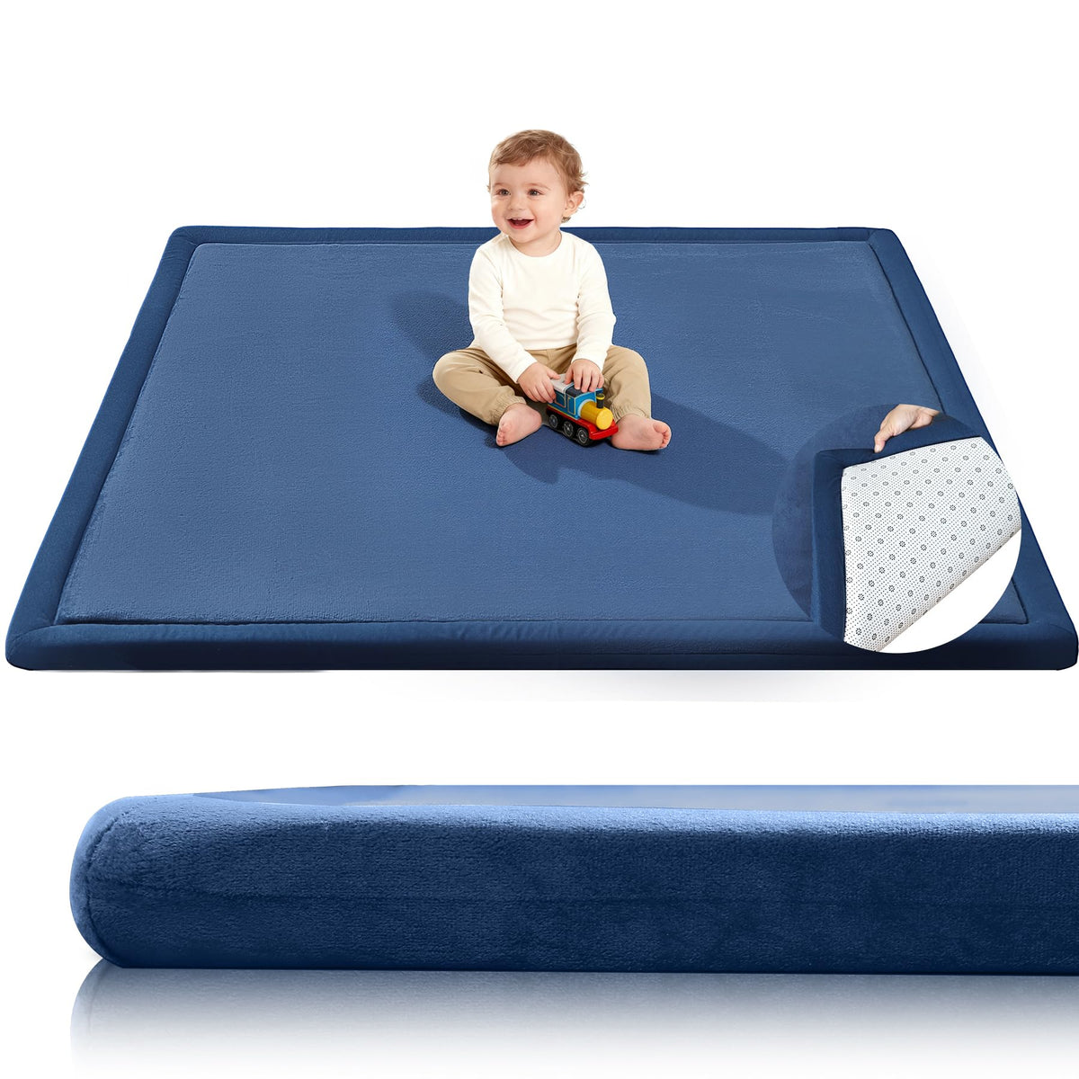 SEPARO baby play mat in navy provides a 50x50 floor surface for safe baby play